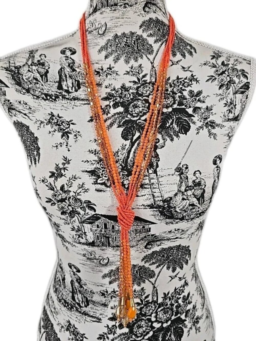 Long Orange Faceted Beaded Necklace Multi‑Strand Knotted Statement Boho Layered